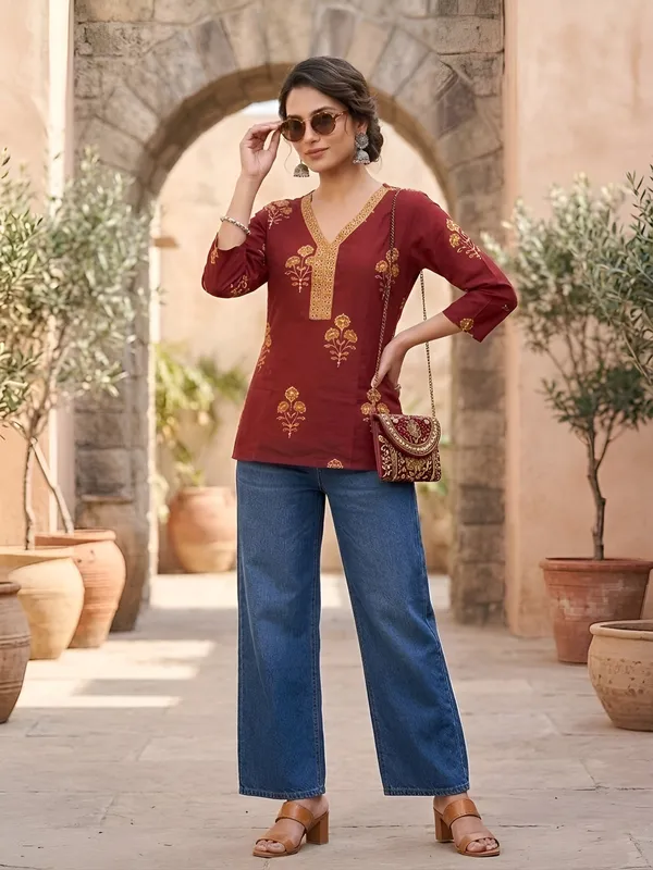 Maroon__Pure_Cotton_Printed_Tunic_For_Women