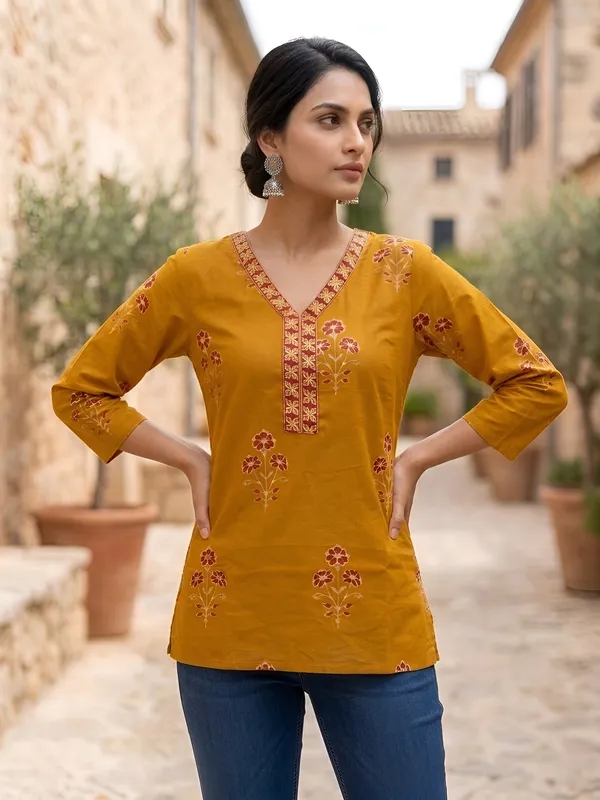 Yellow__Pure_Cotton_Printed_Tunic_For_Women