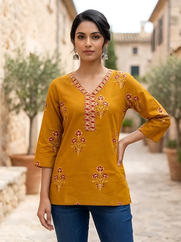 Yellow__Pure_Cotton_Printed_Tunic_For_Women