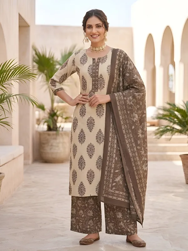 Beige_Floral_Printed_Pure_Cotton_Kurta_Set_For_Women