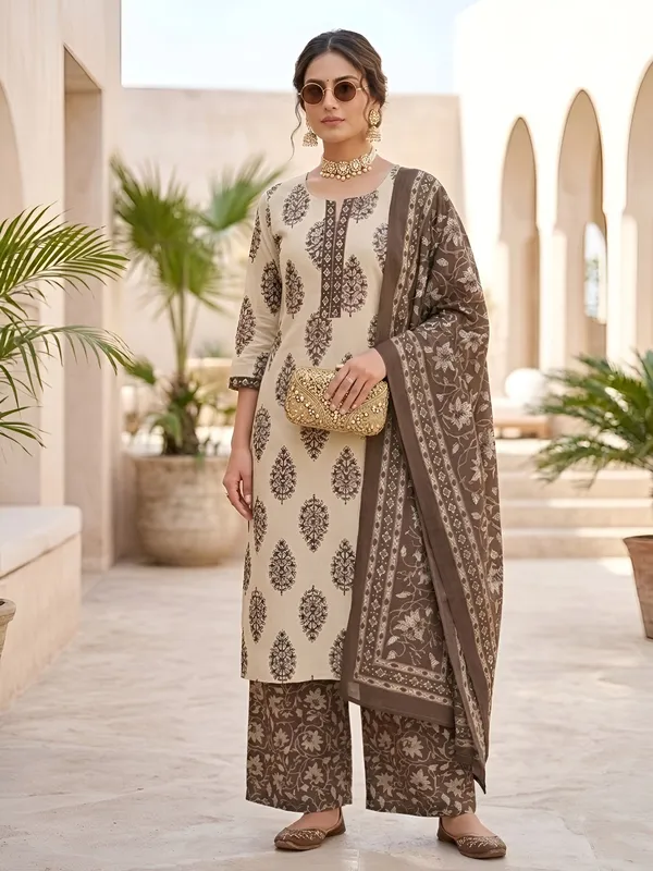 Beige_Floral_Printed_Pure_Cotton_Kurta_Set_For_Women