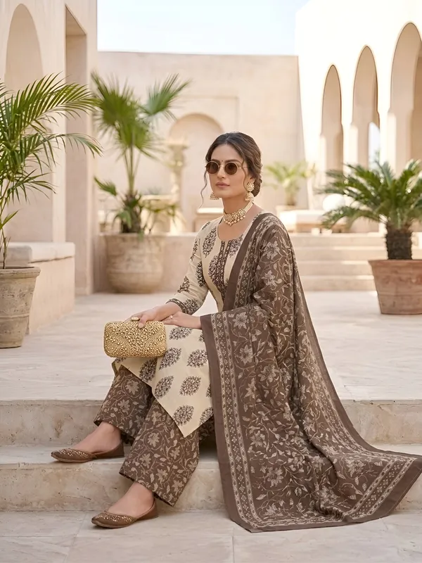 Beige_Floral_Printed_Pure_Cotton_Kurta_Set_For_Women
