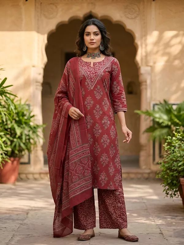 Maroon_Floral_Printed_Straight_Kurta_Set_For_Women
