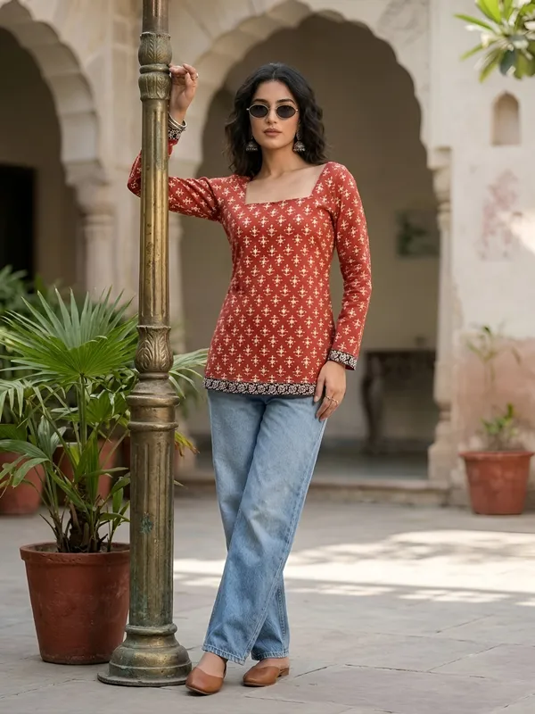 Red__Pure_Cotton_Printed_Tunic_For_Women