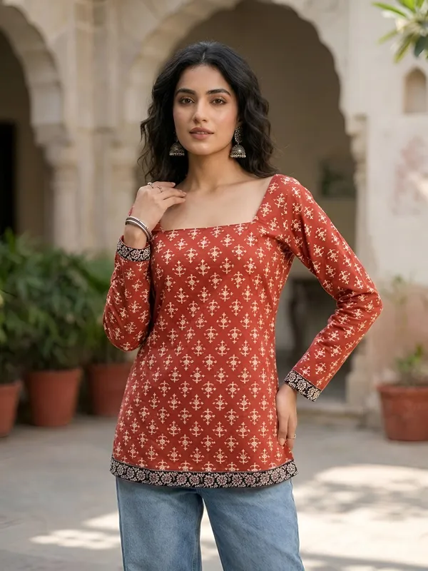 Red__Pure_Cotton_Printed_Tunic_For_Women