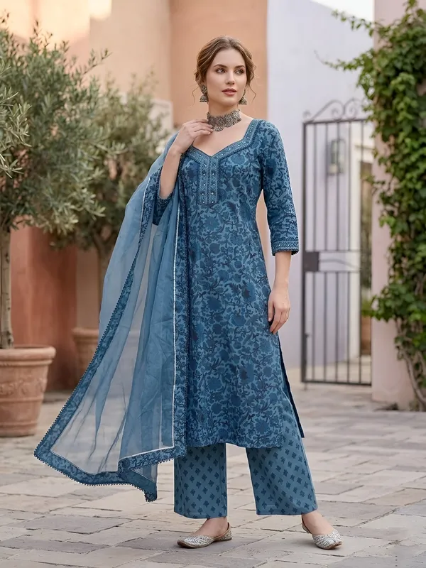 Blue_Floral_Printed_Straight_Kurta_Set_For_Women
