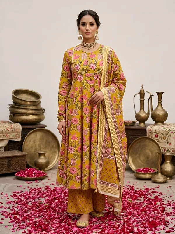 Yellow_Floral_Floral_Printed_Anarkali_Kurta_Set_For_Women