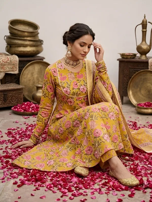 Yellow_Floral_Floral_Printed_Anarkali_Kurta_Set_For_Women