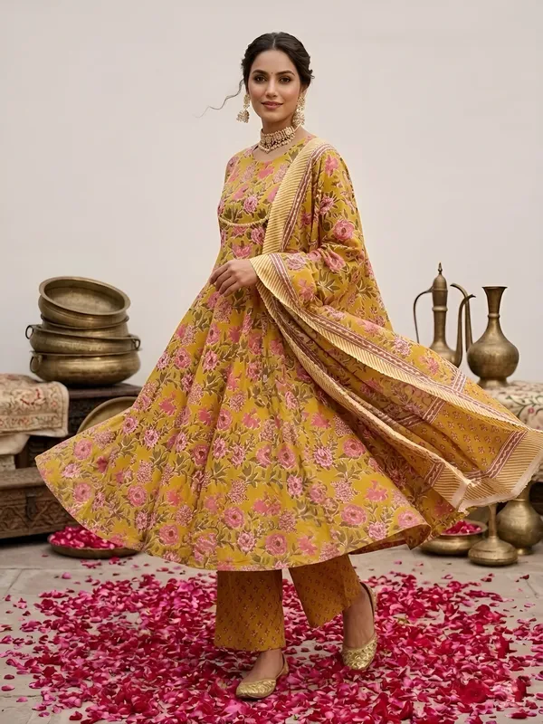 Yellow_Floral_Floral_Printed_Anarkali_Kurta_Set_For_Women