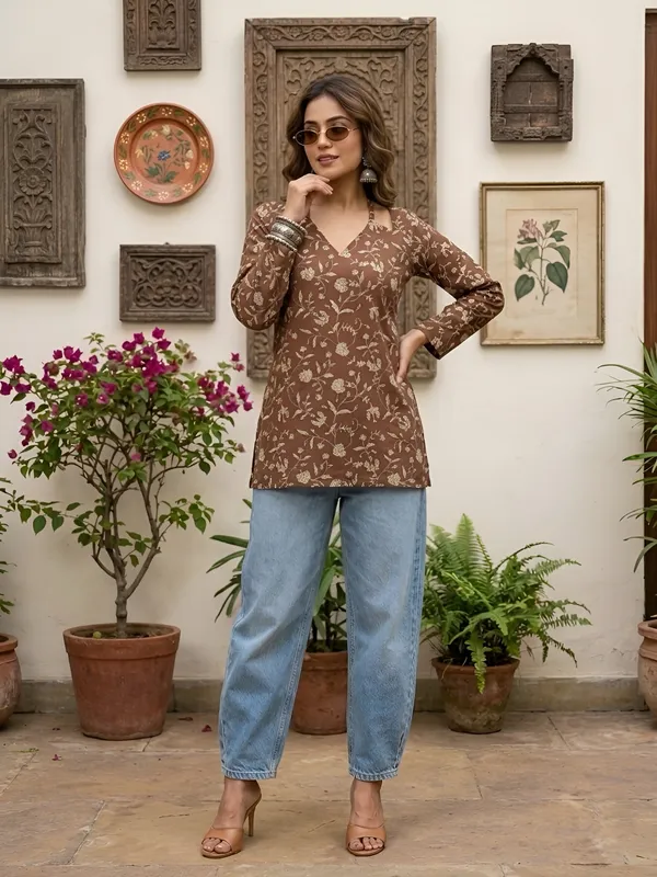 Brown__Pure_Cotton_Printed_Tunic_For_Women