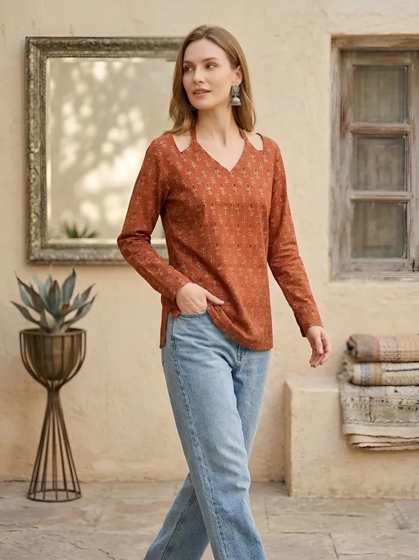 Orange__Pure_Cotton_Printed_Tunic_For_Women