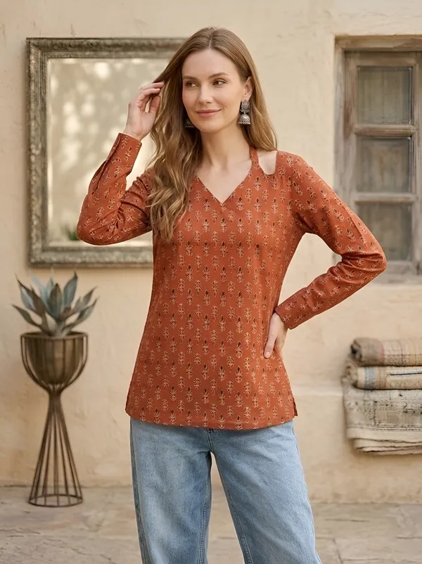 Orange__Pure_Cotton_Printed_Tunic_For_Women