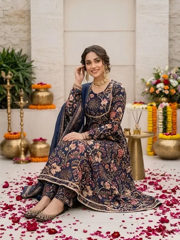 Navy_Blue_Floral_Printed_Anarkali_Kurta_Set_For_Women