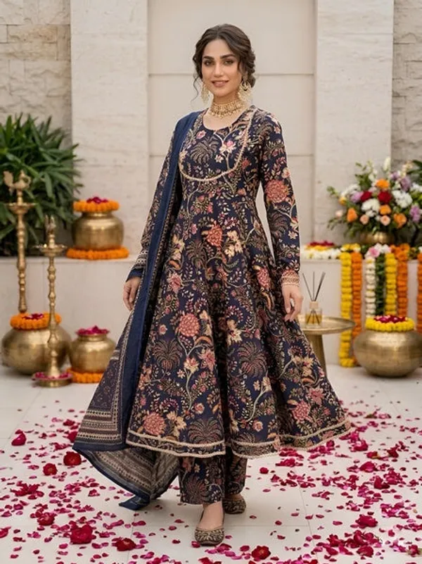 Navy_Blue_Floral_Printed_Anarkali_Kurta_Set_For_Women