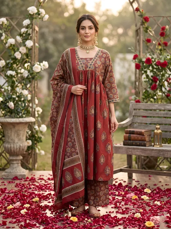 Maroon_Floral_Printed_A-Line_Kurta_Set_For_Women