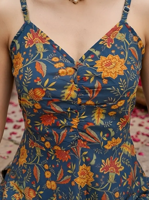 Teal_Blue_Floral_Printed_Anarkali_Kurta_Set_For_Women