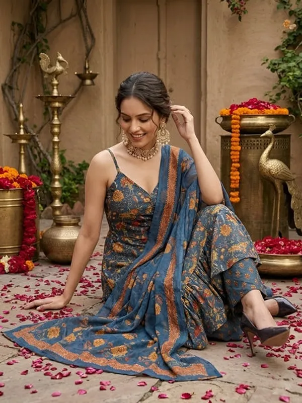 Teal_Blue_Floral_Printed_Anarkali_Kurta_Set_For_Women