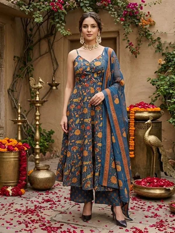 Teal_Blue_Floral_Printed_Anarkali_Kurta_Set_For_Women