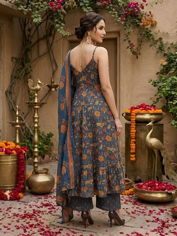 Teal_Blue_Floral_Printed_Anarkali_Kurta_Set_For_Women