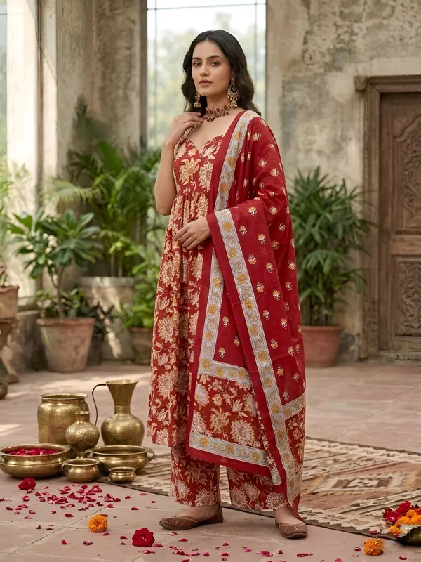 Red_Floral_Printed_Anarkali_Kurta_Set_For_Women