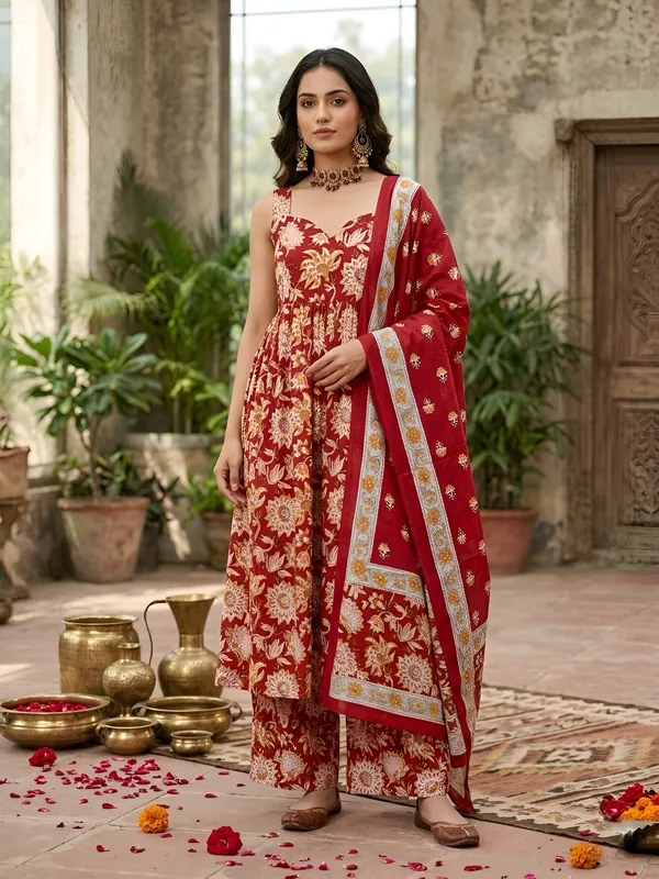 Red_Floral_Printed_Anarkali_Kurta_Set_For_Women