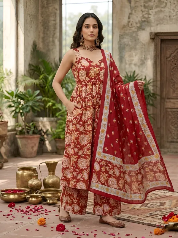Red_Floral_Printed_Anarkali_Kurta_Set_For_Women