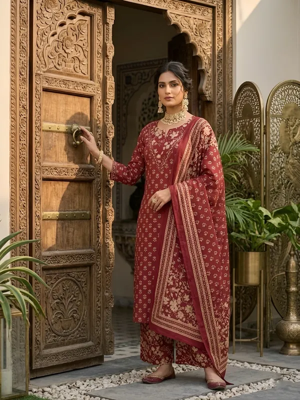 Maroon_Floral_Printed_Straight_Kurta_Set_For_Women