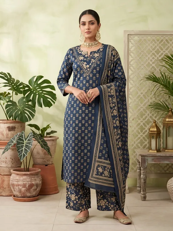 Blue_Floral_Printed_Straight_Kurta_Set_For_Women