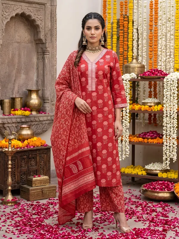 Red_Floral_Printed_Straight_Kurta_Set_For_Women