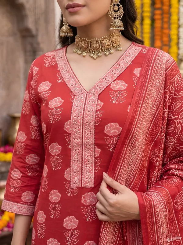 Red_Floral_Printed_Straight_Kurta_Set_For_Women