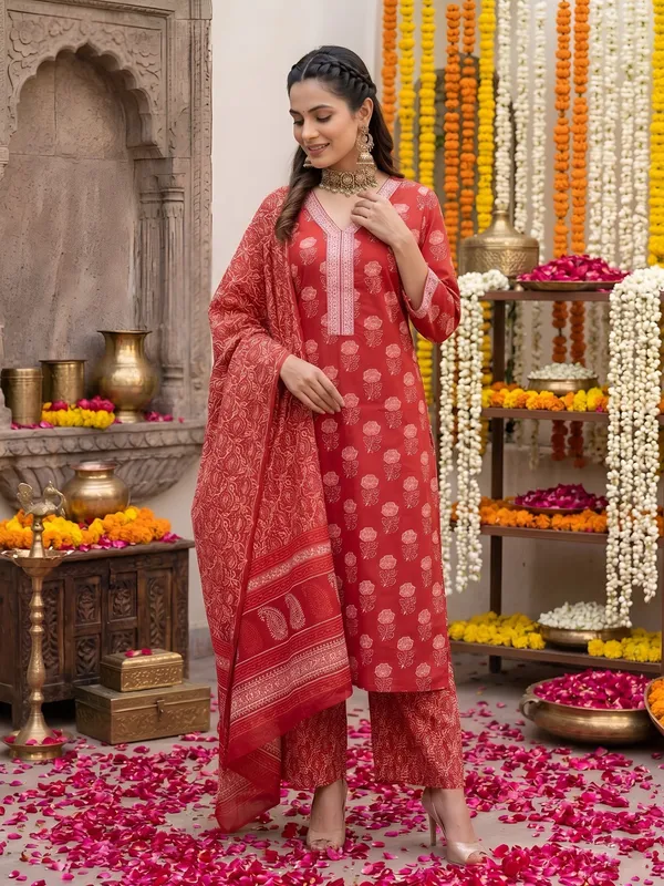 Red_Floral_Printed_Straight_Kurta_Set_For_Women