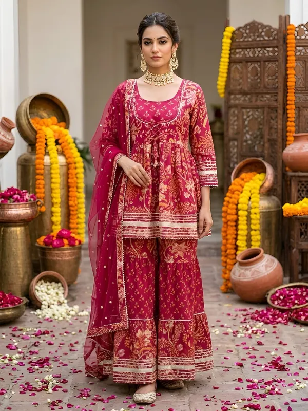 Magenta_Floral_Printed_Peplum_Kurta_Set_For_Women