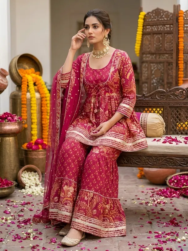 Magenta_Floral_Printed_Peplum_Kurta_Set_For_Women
