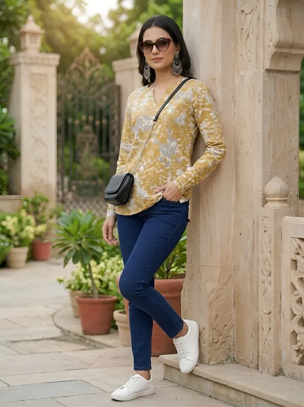Yellow__Pure_Cotton_Printed_Tunic_For_Women