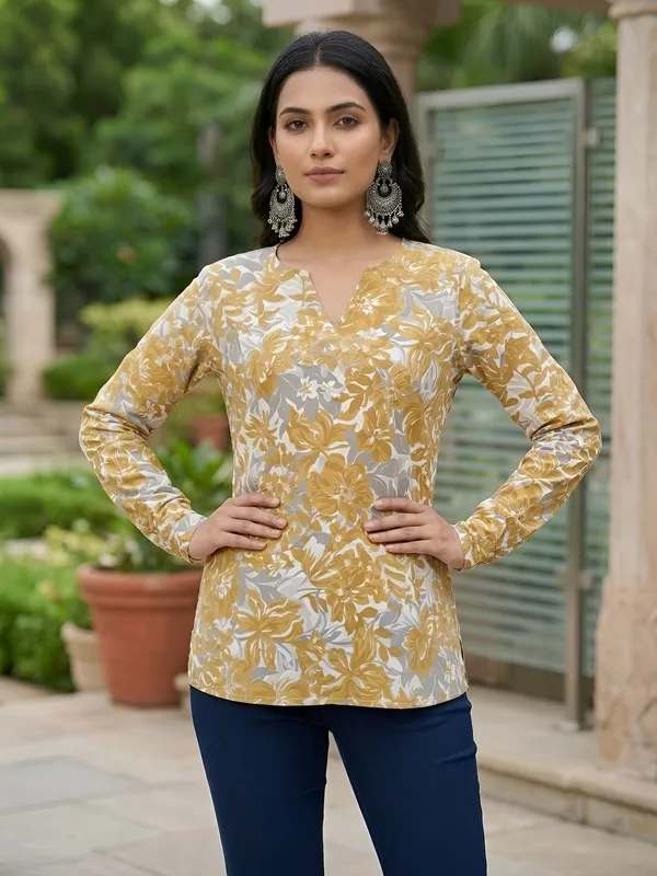 Yellow__Pure_Cotton_Printed_Tunic_For_Women
