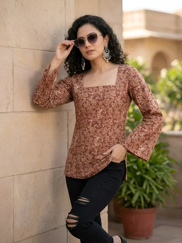 Brown__Pure_Cotton_Printed_Tunic_For_Women