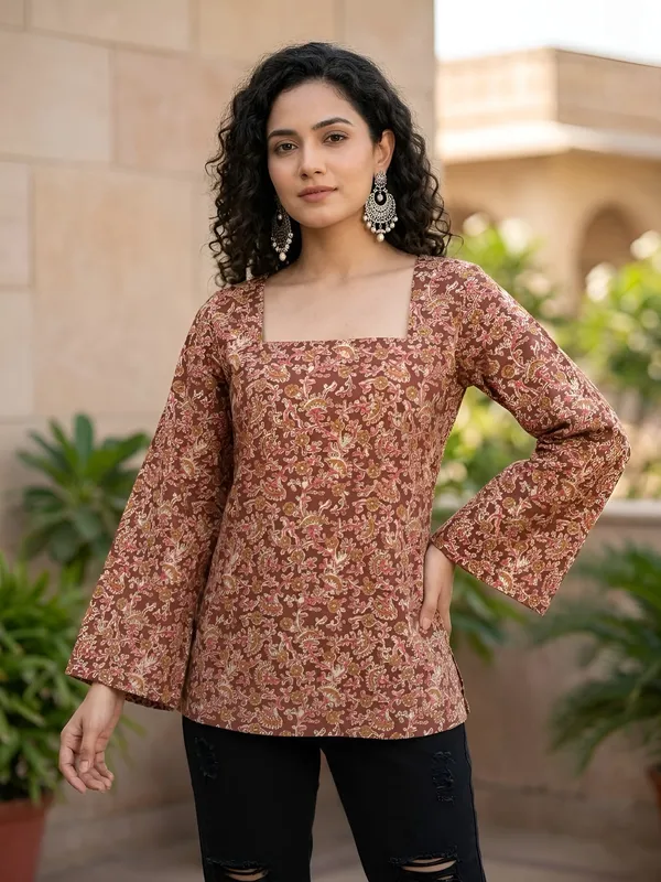 Brown__Pure_Cotton_Printed_Tunic_For_Women