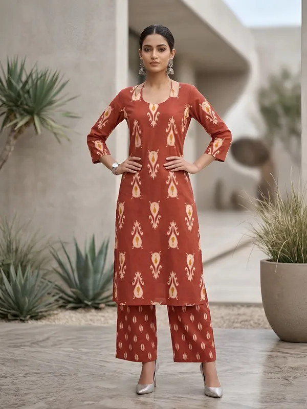 Rust_Floral_Printed_Straight_Kurta_Set_For_Women