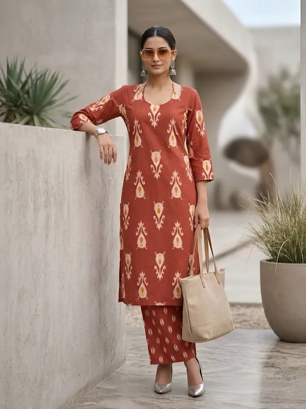Rust_Floral_Printed_Straight_Kurta_Set_For_Women