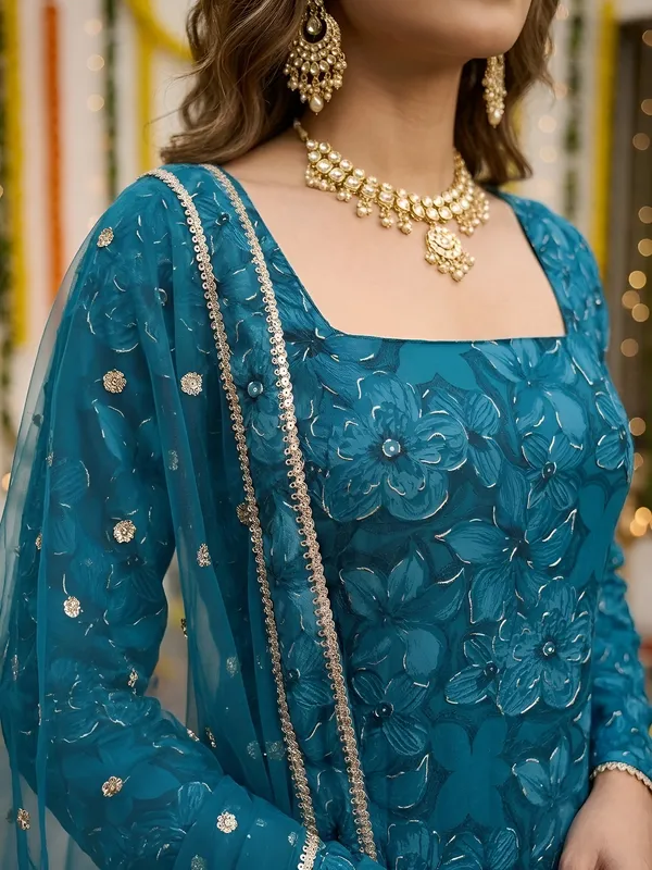 Teal_Green_Floral_Printed_Straight_Kurta_Set_For_Women