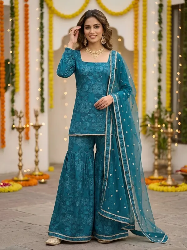 Teal_Green_Floral_Printed_Straight_Kurta_Set_For_Women