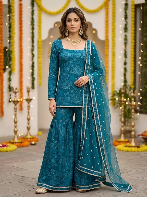 Teal_Green_Floral_Printed_Straight_Kurta_Set_For_Women