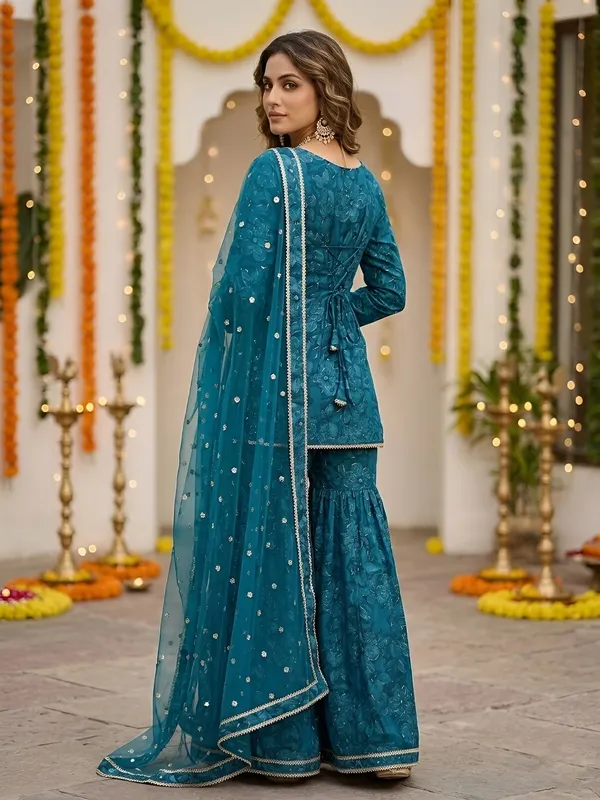 Teal_Green_Floral_Printed_Straight_Kurta_Set_For_Women