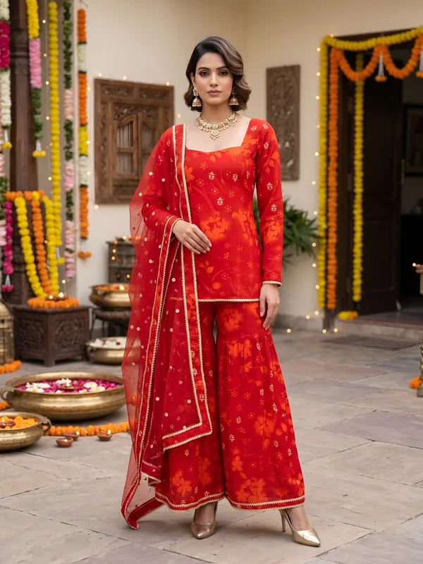 Red_Floral_Printed_Straight_Kurta_Set_For_Women
