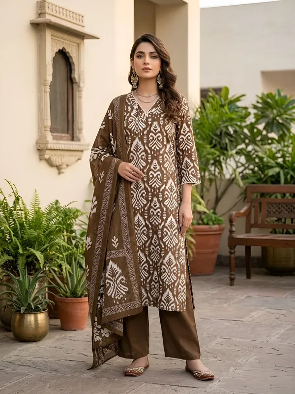 Brown_Floral_Printed_Straight_Kurta_Set_For_Women