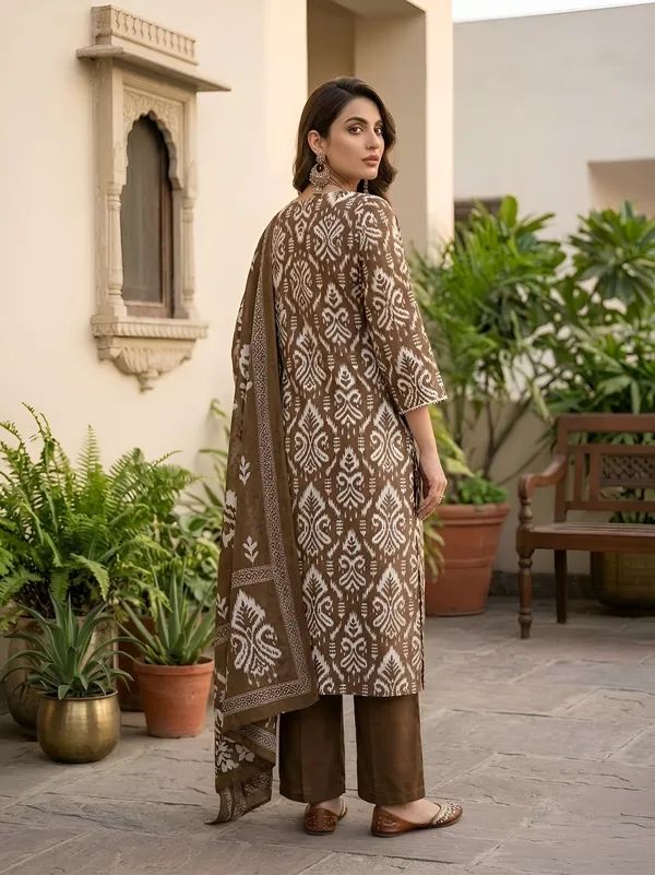 Brown_Floral_Printed_Straight_Kurta_Set_For_Women