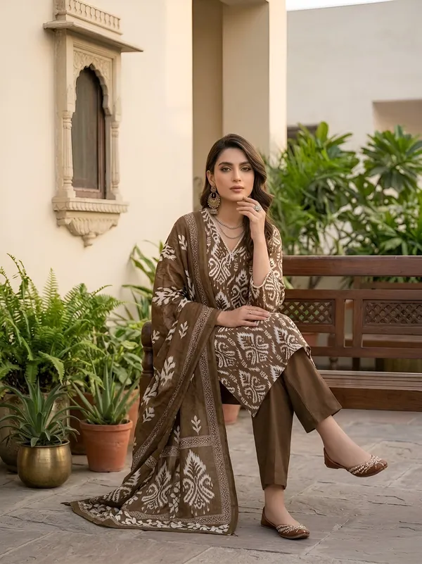 Brown_Floral_Printed_Straight_Kurta_Set_For_Women