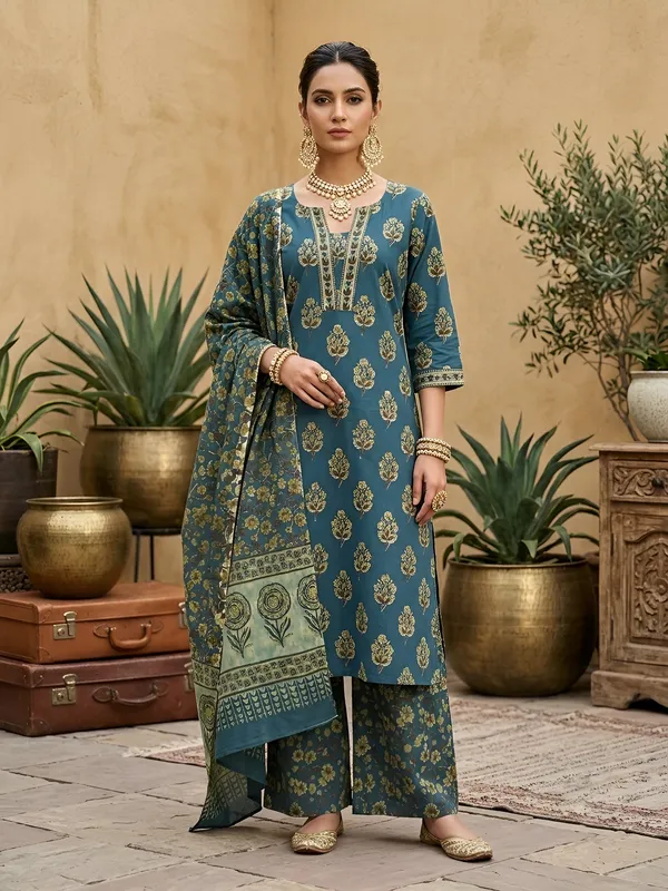 Teal_Green_Floral_Printed_Straight_Kurta_Set_For_Women