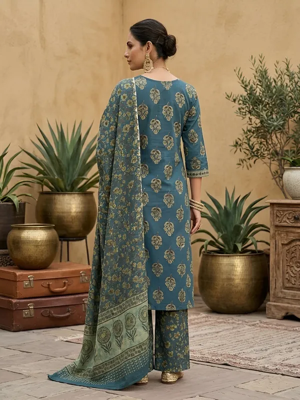 Teal_Green_Floral_Printed_Straight_Kurta_Set_For_Women