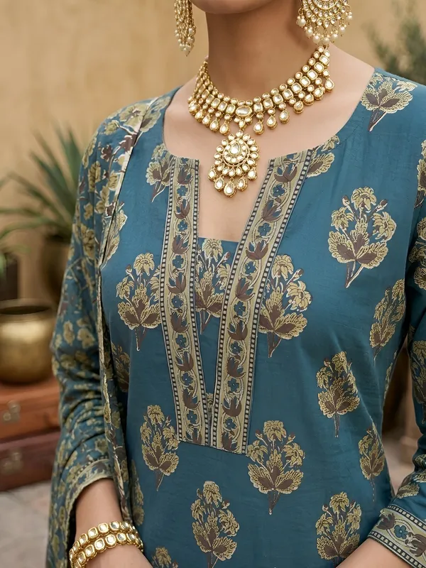 Teal_Green_Floral_Printed_Straight_Kurta_Set_For_Women